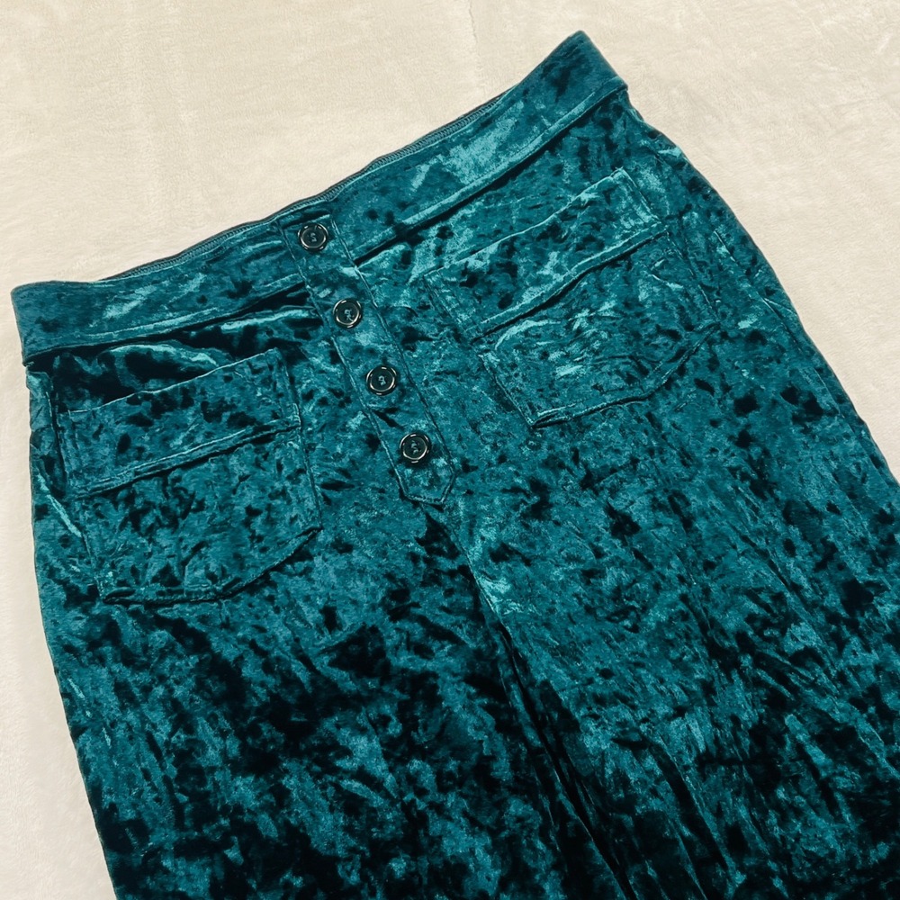 Halara Emerald Green Crushed Velvet Wide Leg Button Front Pants Large